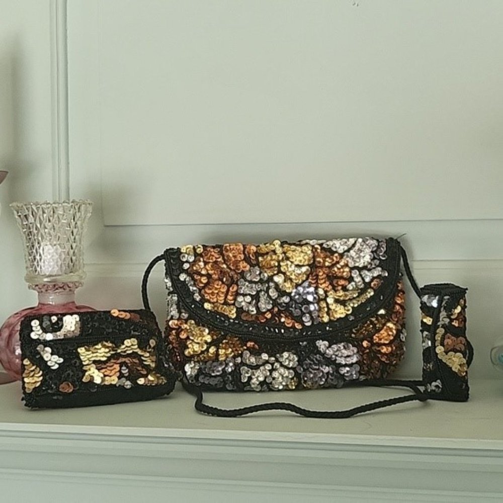 Vintage Beaded Handbag, Mirrored Lipstick case and Coin Purse 1980's